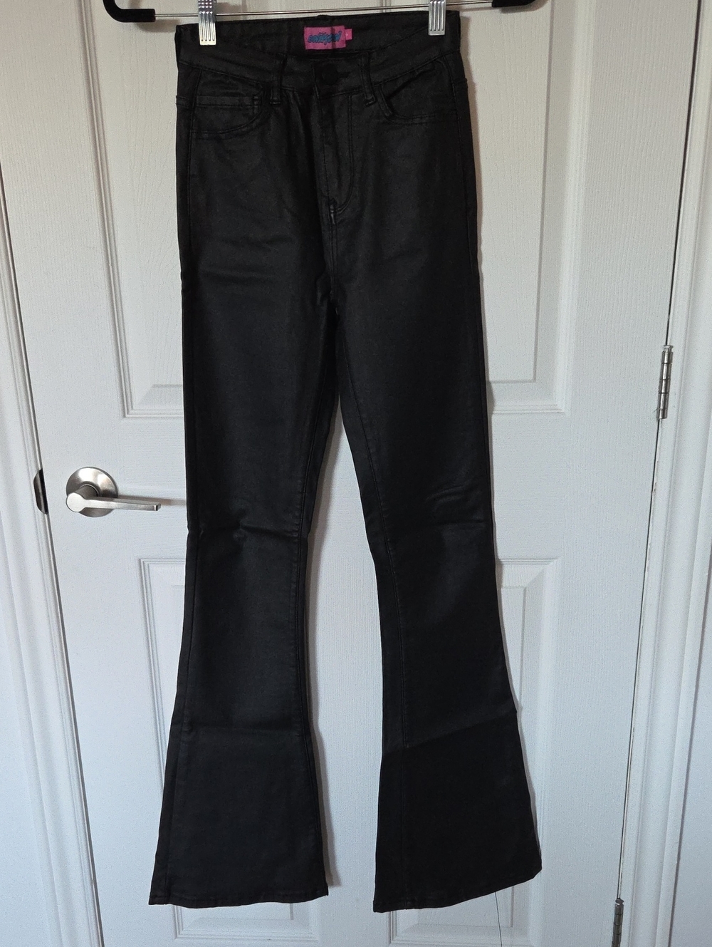 EDIKTED Faux Leather Flare Leg Jeans